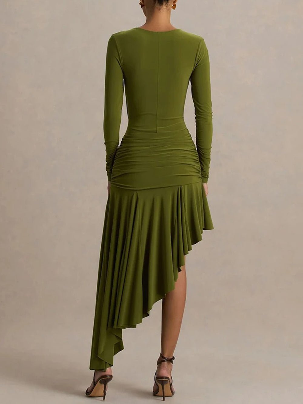 Asymmetric Olivia Ruched Midi Dress