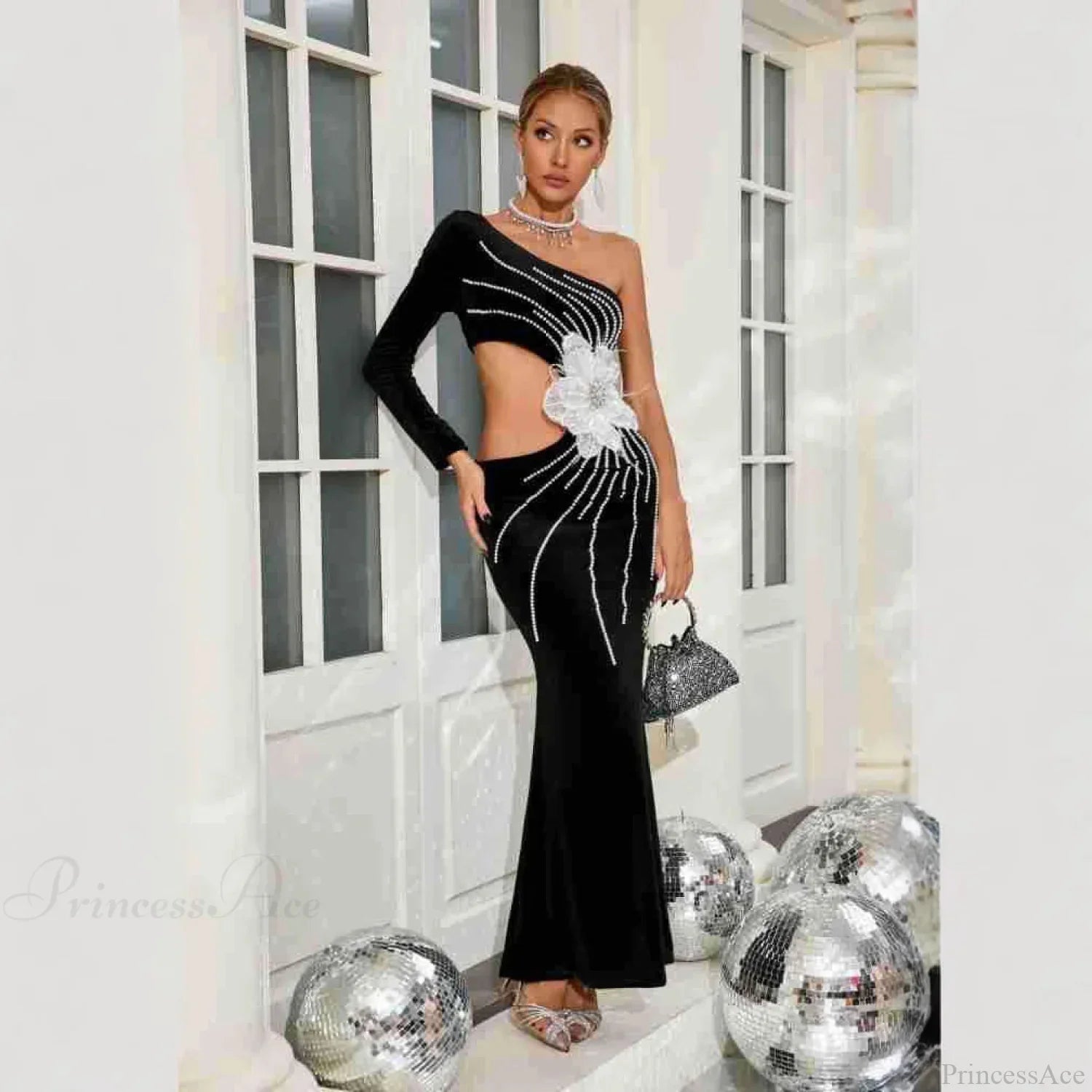 One Shoulder Pearl Embellished Graceful Prom Dress