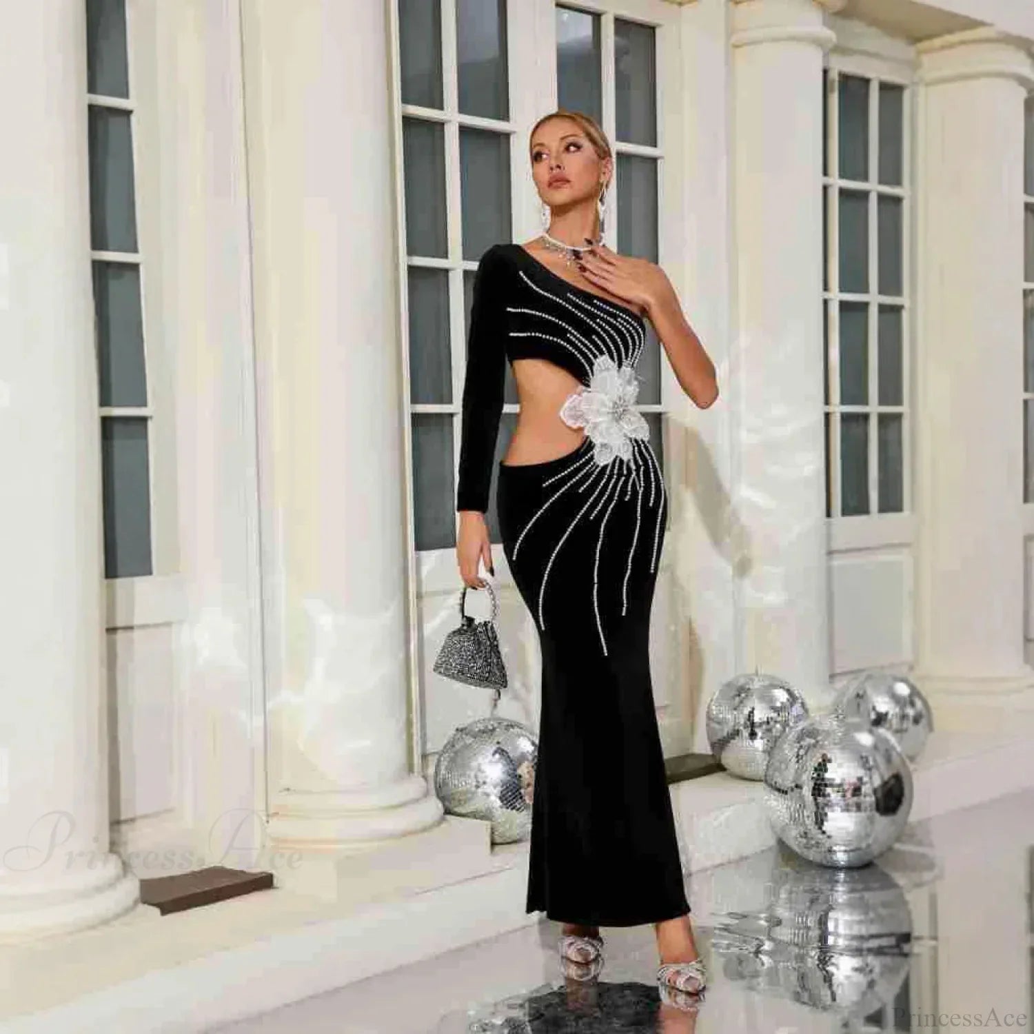 One Shoulder Pearl Embellished Graceful Prom Dress