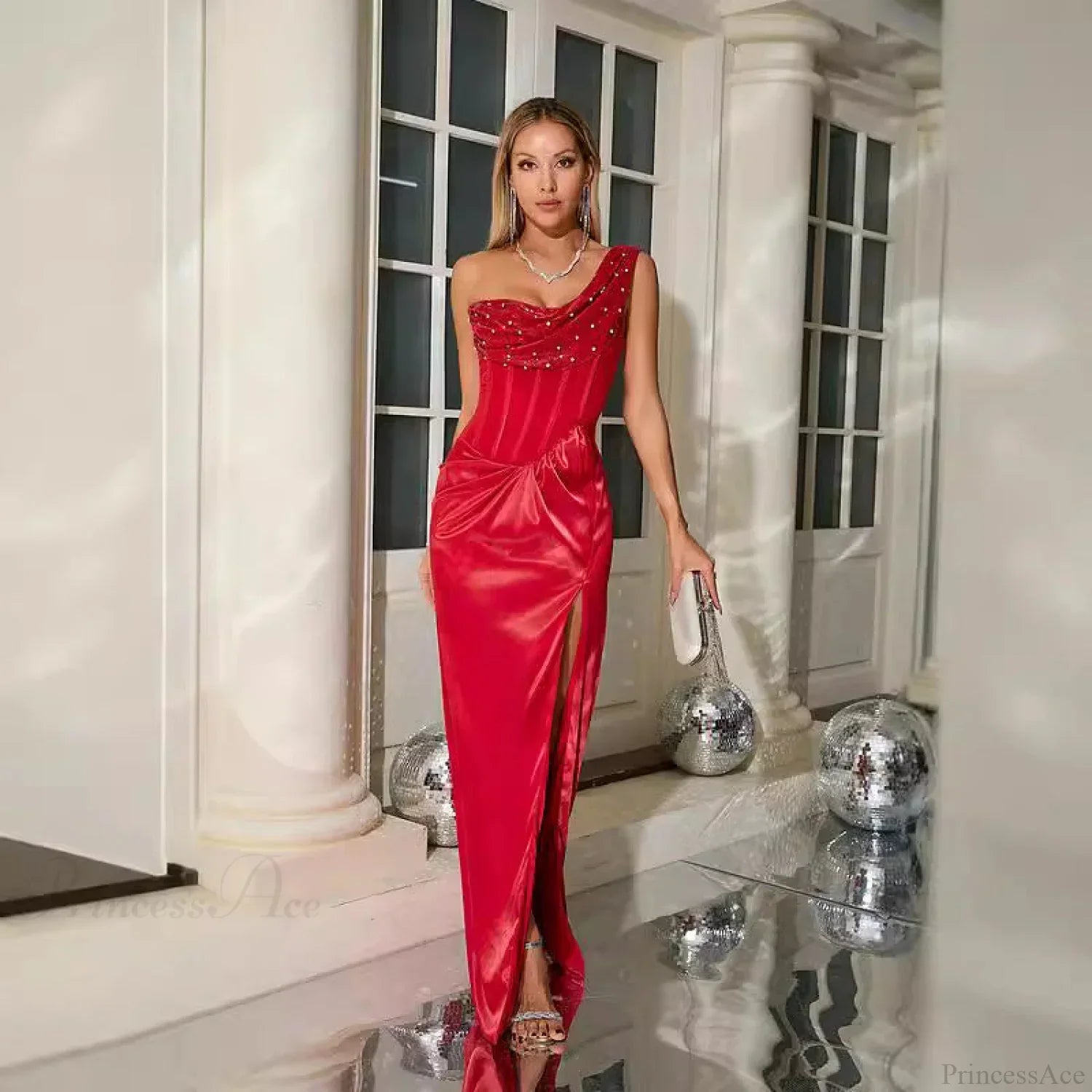 One Shoulder Pleated Graceful Ruched Party Prom Dress