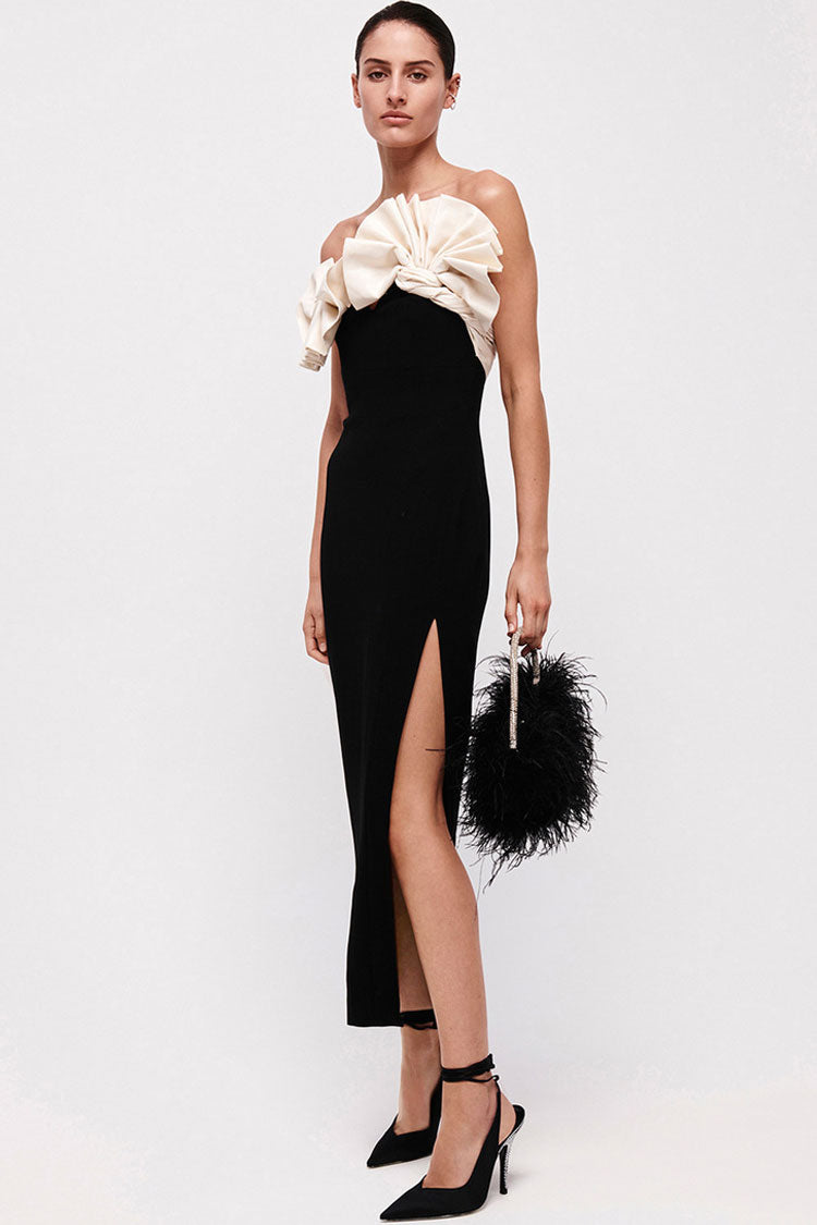 Pleated Oriental Fan Contrast Strapless Side Split Cocktail Party Midi Dress - Black