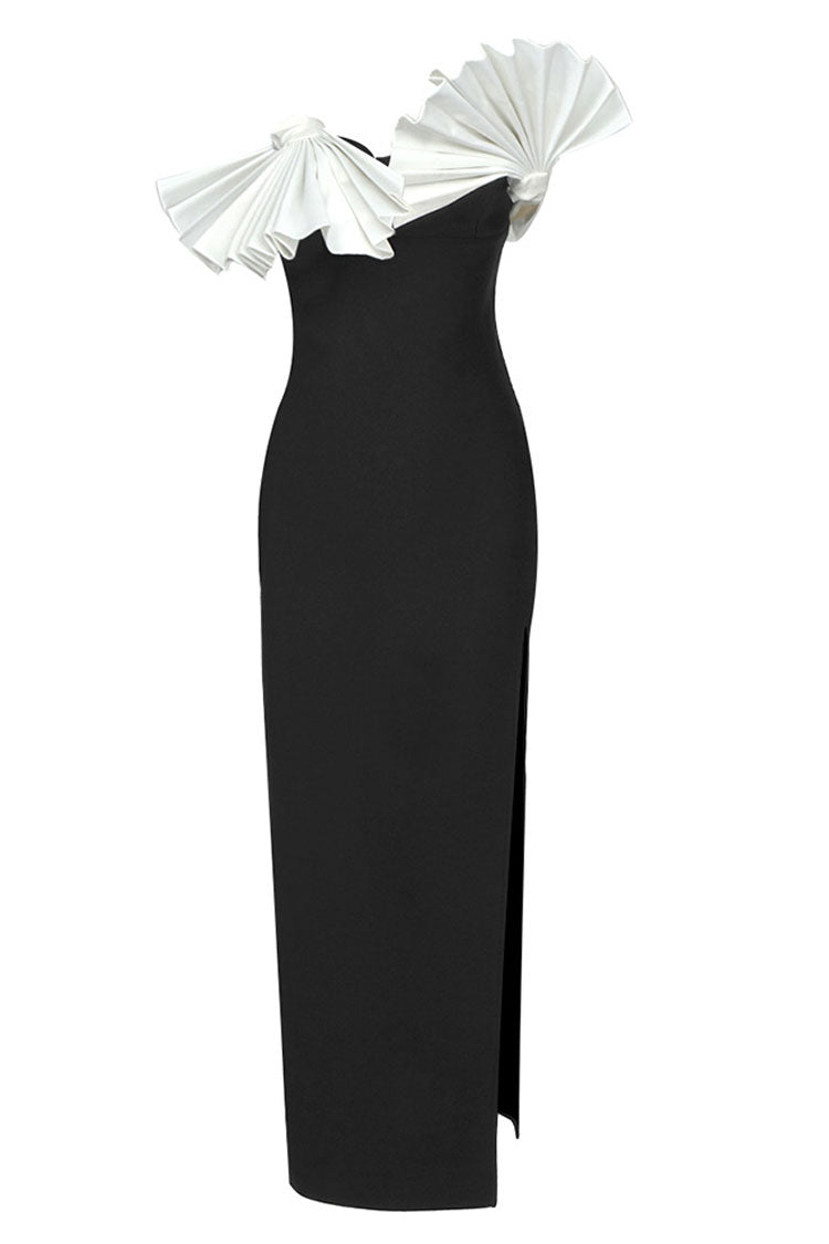 Pleated Oriental Fan Contrast Strapless Side Split Cocktail Party Midi Dress - Black