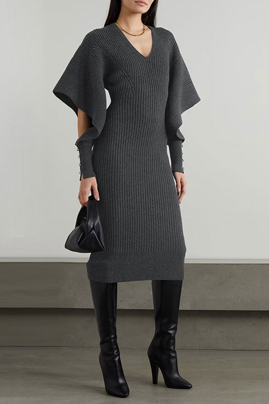 Cutout Oversized Buttoned Long Sleeve V Neck Rib Knit Sweater Mini Dress - Dark Gray