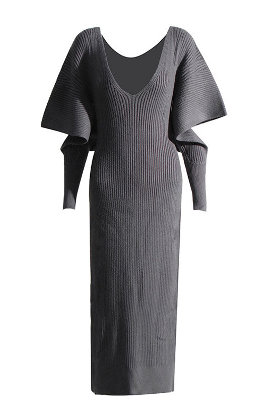 Cutout Oversized Buttoned Long Sleeve V Neck Rib Knit Sweater Mini Dress - Dark Gray