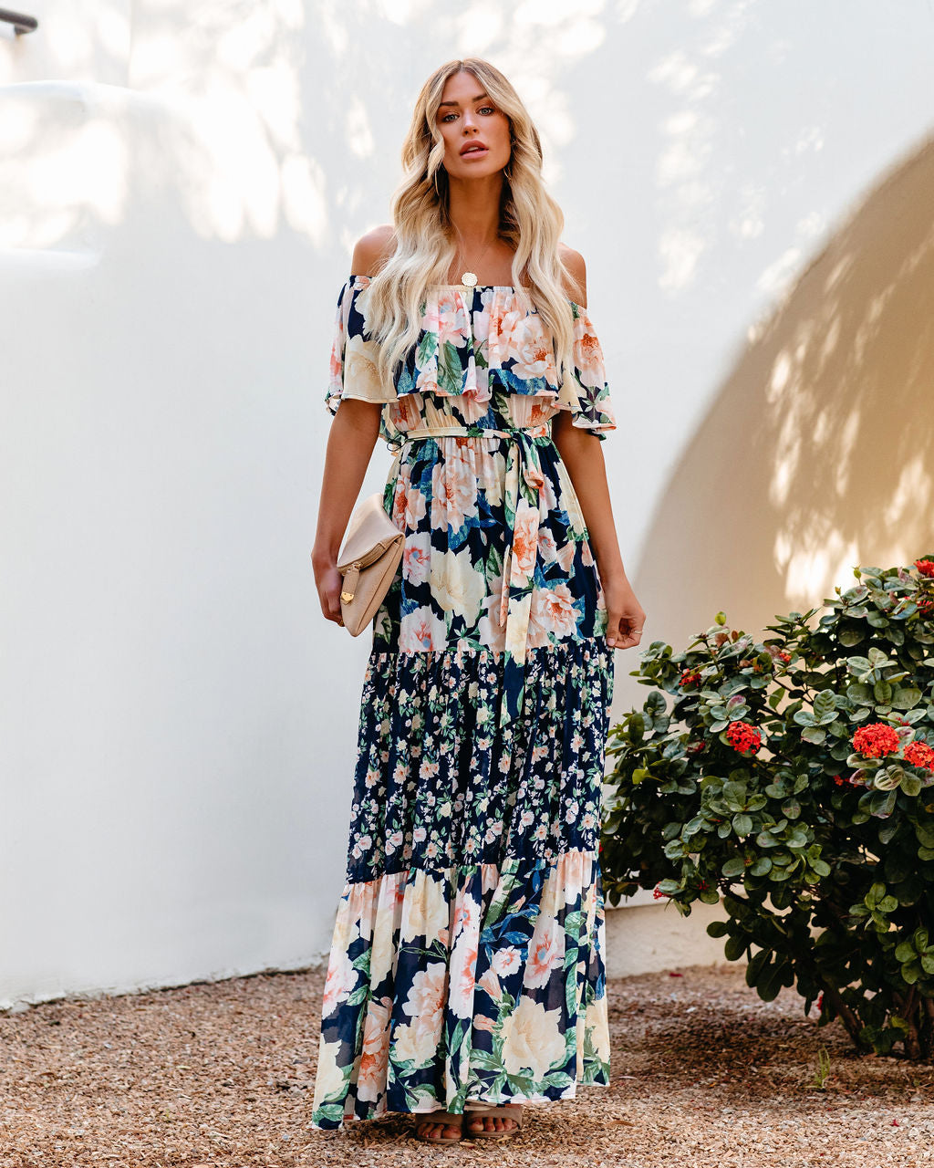 Petal Power Floral Off The Shoulder Maxi Dress Navy