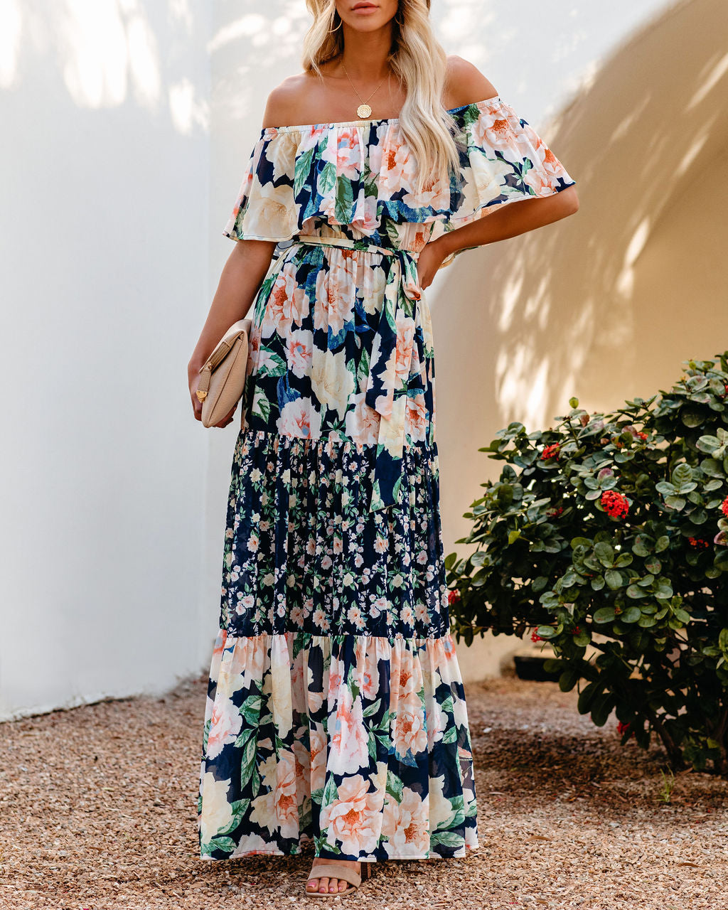Petal Power Floral Off The Shoulder Maxi Dress Navy