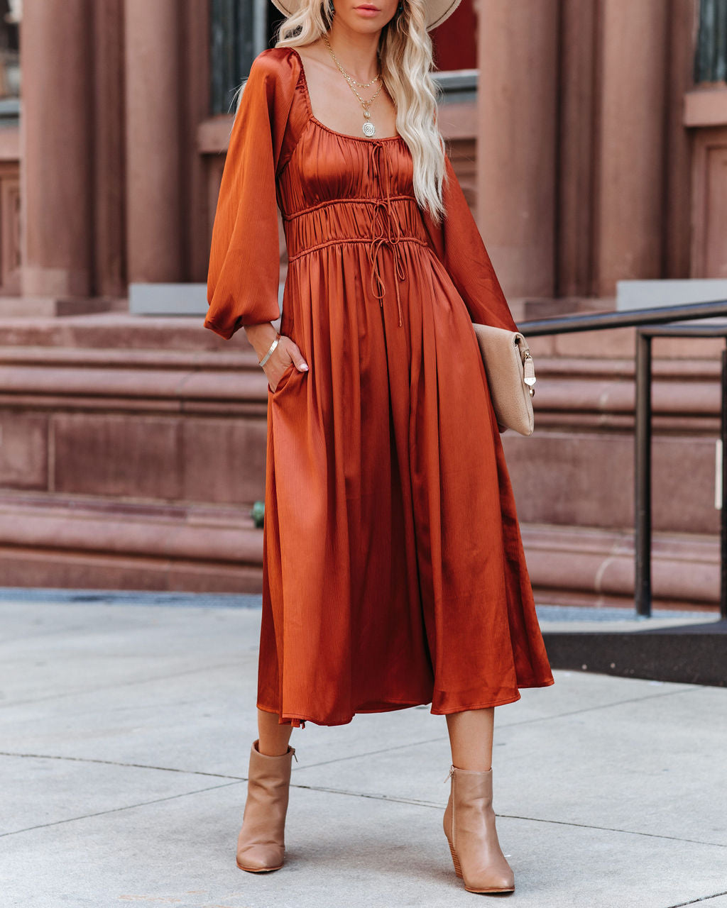 Satin Pines Pocketed Drawstring Midi Dress FINAL