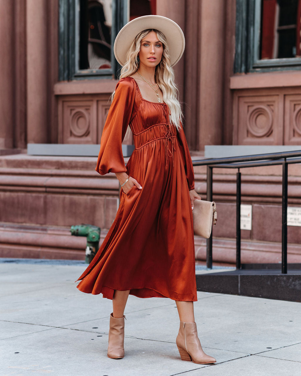 Satin Pines Pocketed Drawstring Midi Dress FINAL