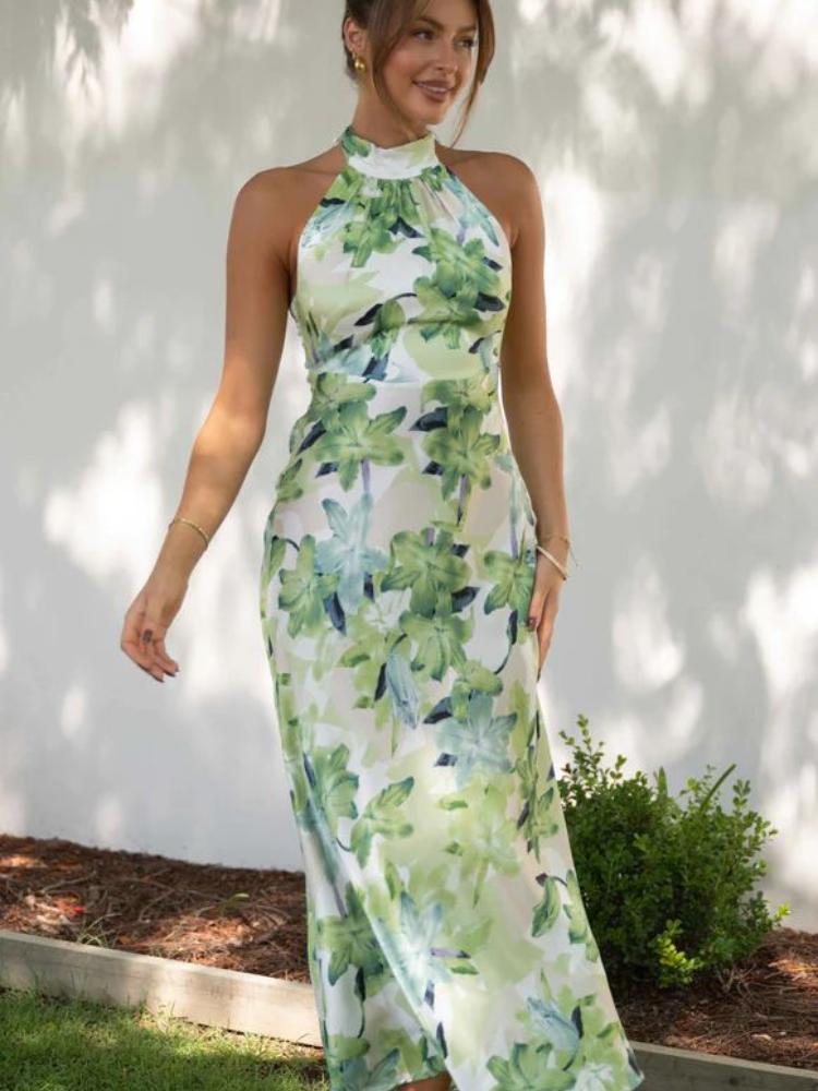 Chic Abigail Printed Halterneck Midi Dress in Backless Satin Premium Wardrobe Essential