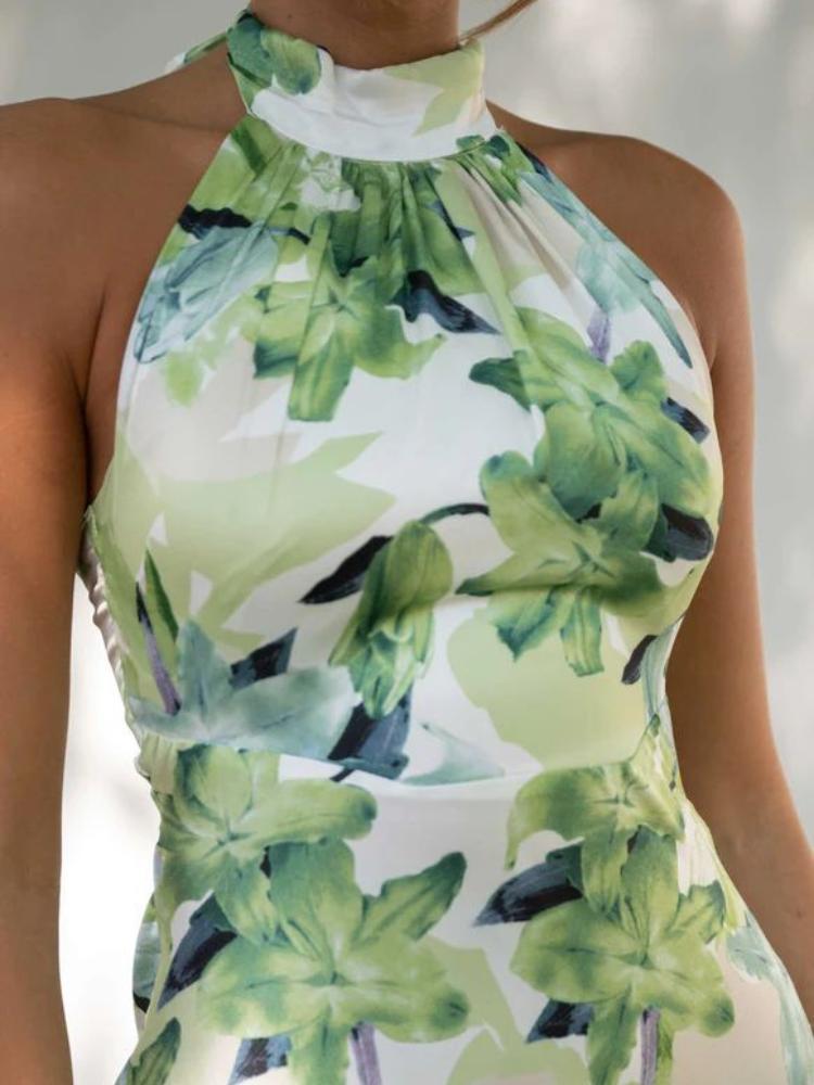 Minimalist Angélica Printed Halterneck Midi Dress in Backless Satin Evening Wear Edit