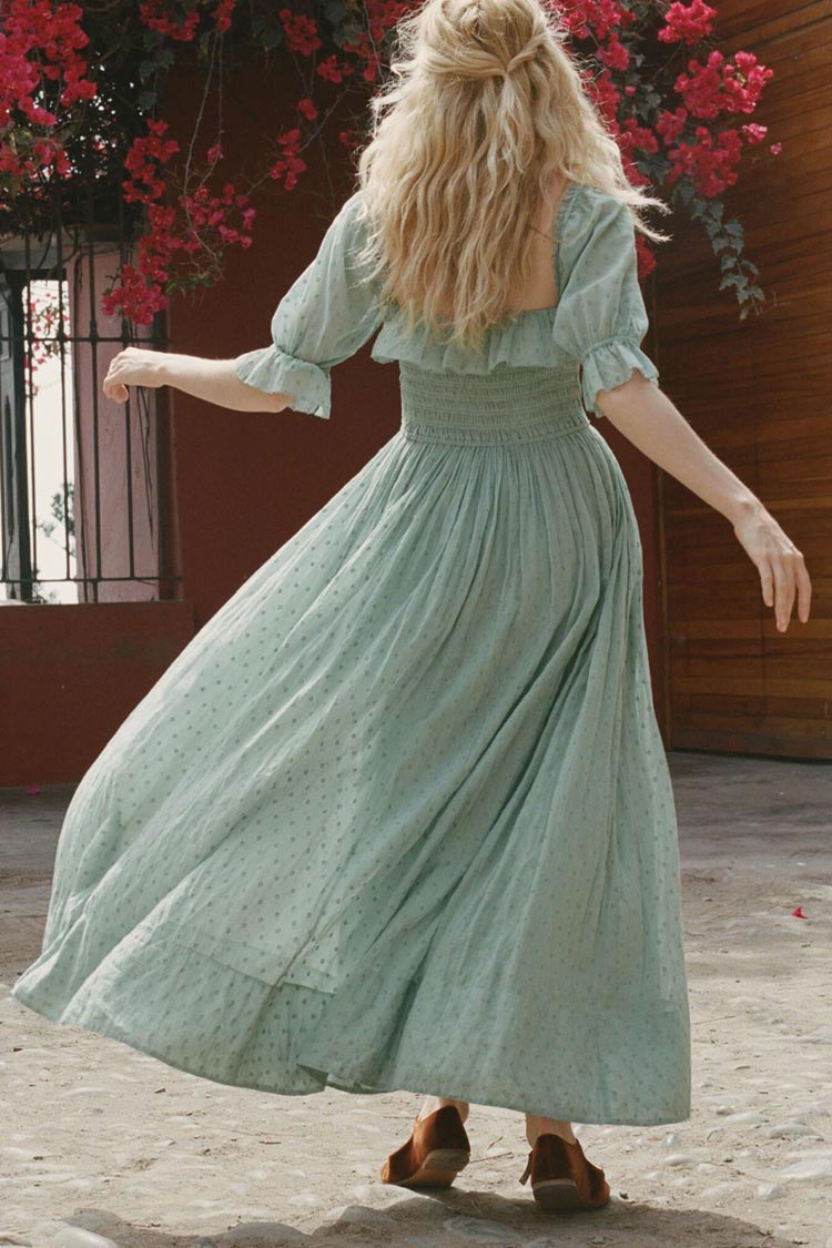 Dot Polka Ruffle Square Neck Smocked Midi Dress - Sage Green