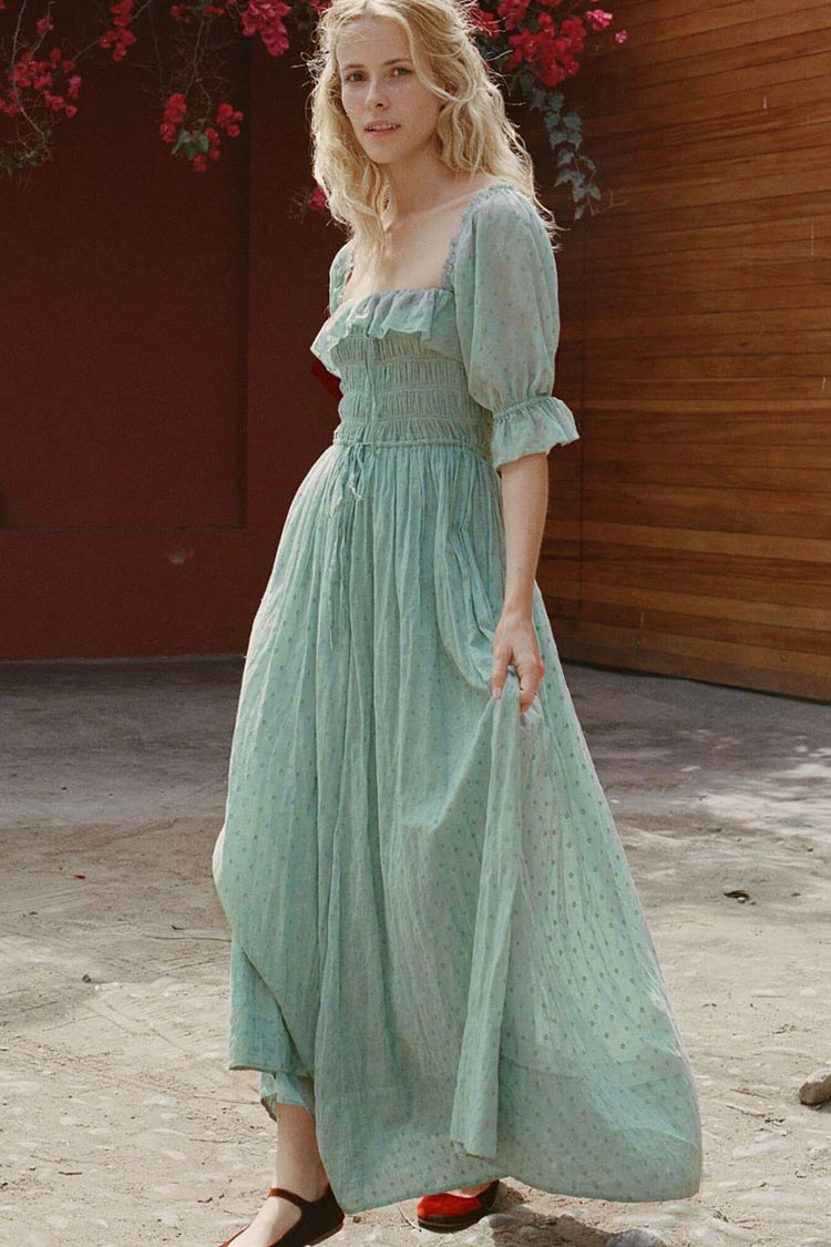 Dot Polka Ruffle Square Neck Smocked Midi Dress - Sage Green