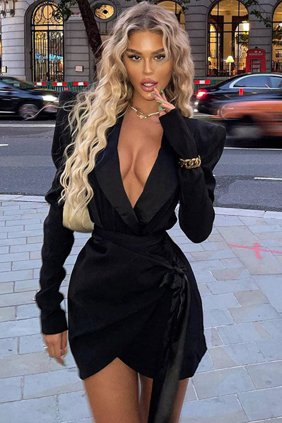 Shoulder Powerful Pad Long Sleeve Lapel Blazer Mini Dress - Black