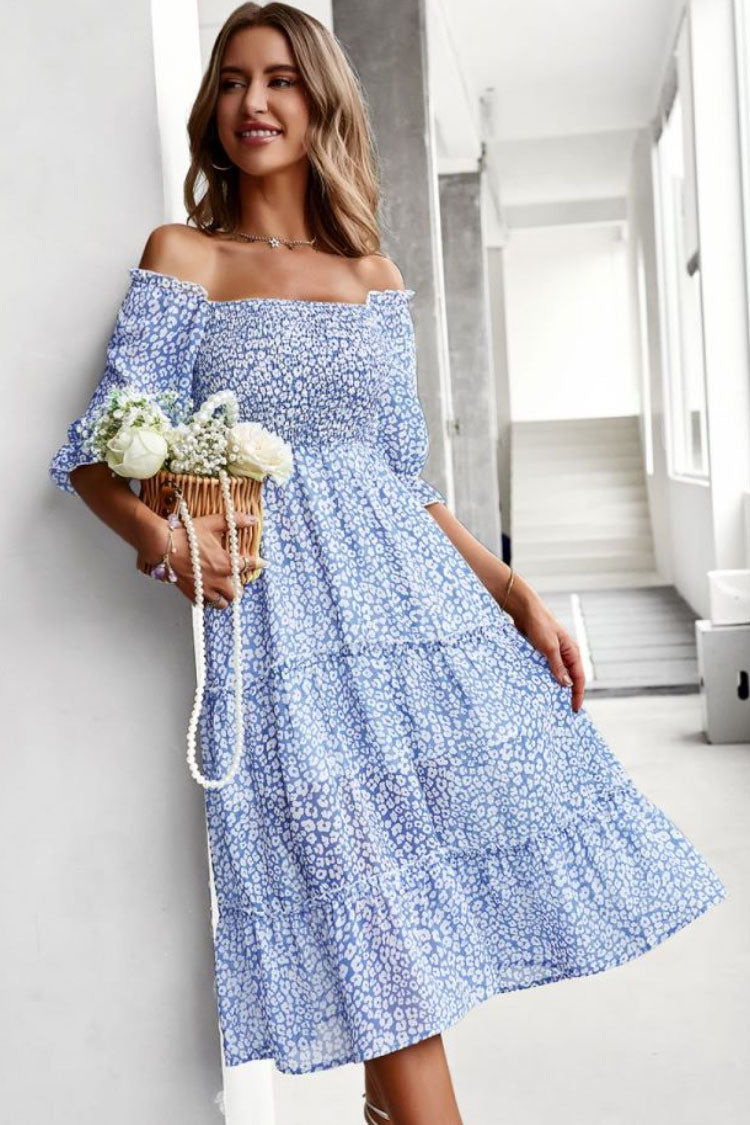 Prairie Off Shoulder Smocked Bloom Printed Boho Chic Midi Dress - Blue
