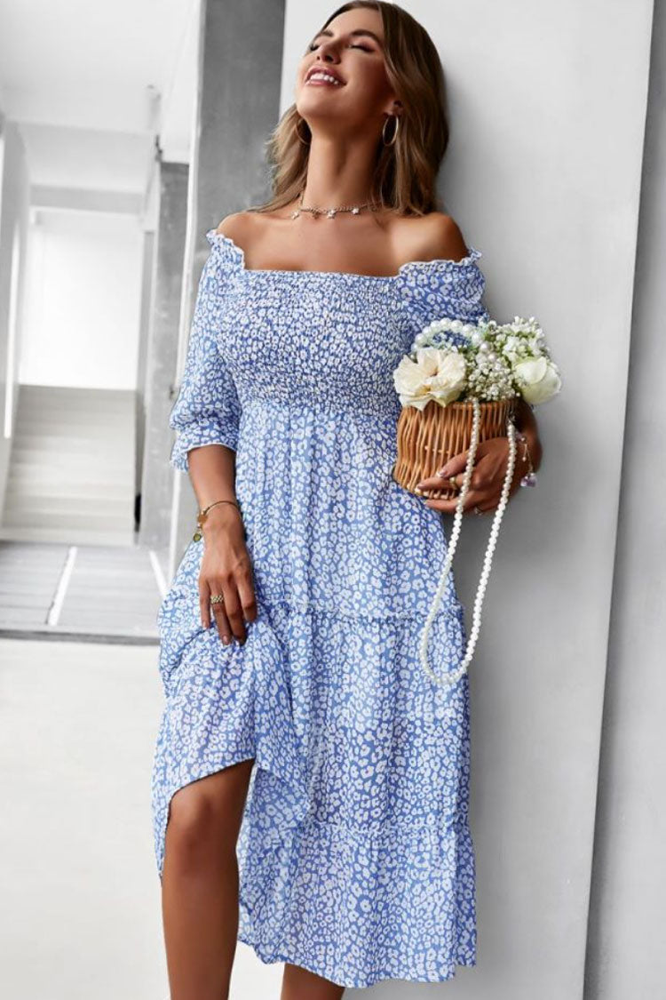 Prairie Off Shoulder Smocked Bloom Printed Boho Chic Midi Dress - Blue