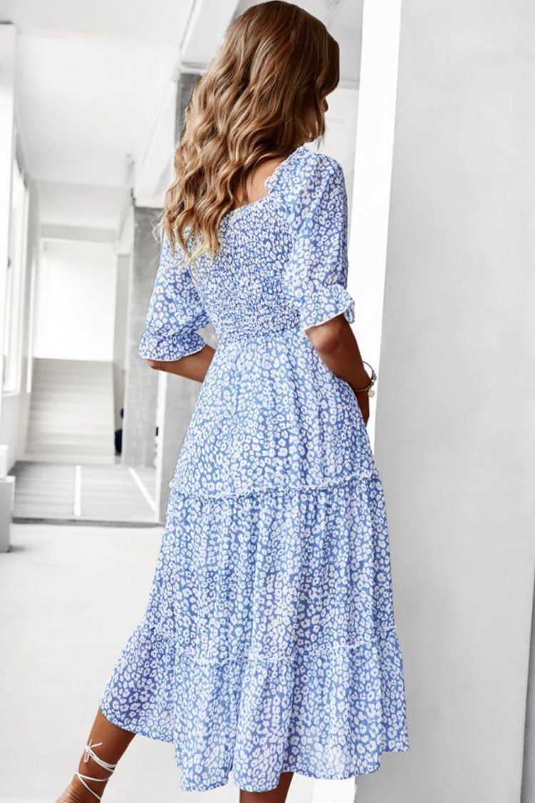 Prairie Off Shoulder Smocked Bloom Printed Boho Chic Midi Dress - Blue