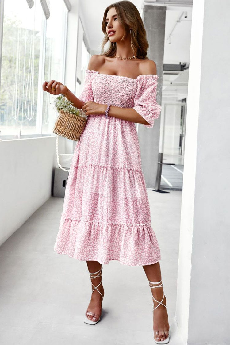 Prairie Off Shoulder Smocked Bloom Printed Boho Chic Midi Dress - Pink