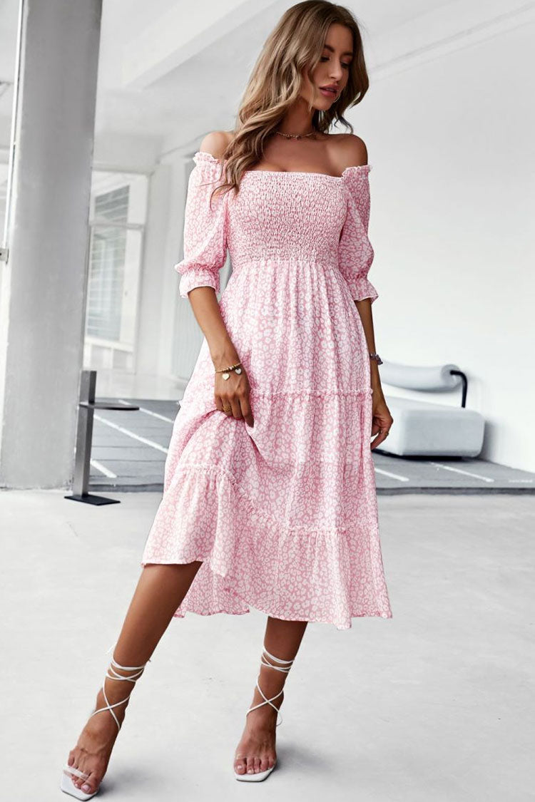 Prairie Off Shoulder Smocked Bloom Printed Boho Chic Midi Dress - Pink