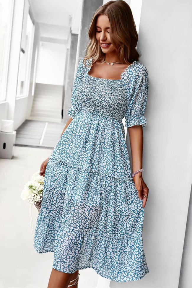 Prairie Off Shoulder Smocked Bloom Printed Boho Chic Midi Dress - Teal