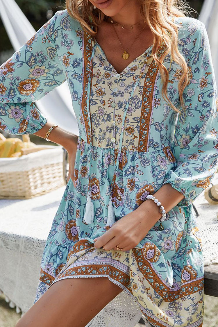 Prairie Tie Neck Half Button Botanical Printed Boho Chic Mini Dress - Blue