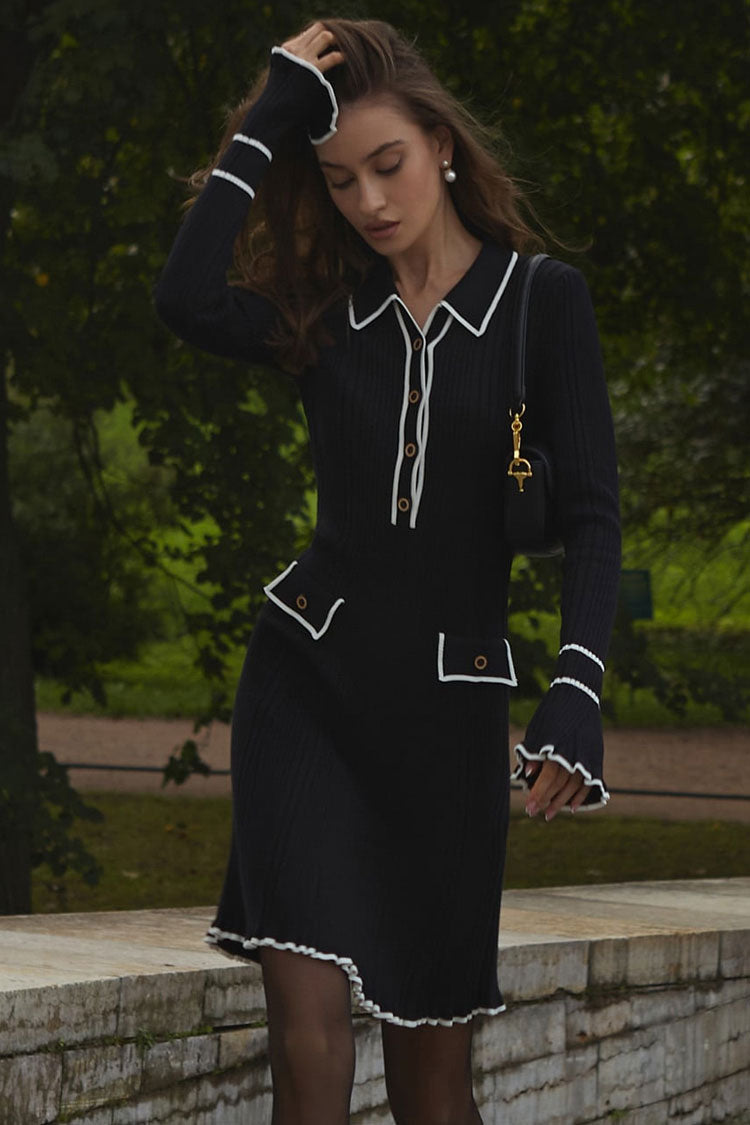 Chic Preppy Contrast Collar Button Up Long Sleeve Ribbed Knit Sweater Mini Dress - Black