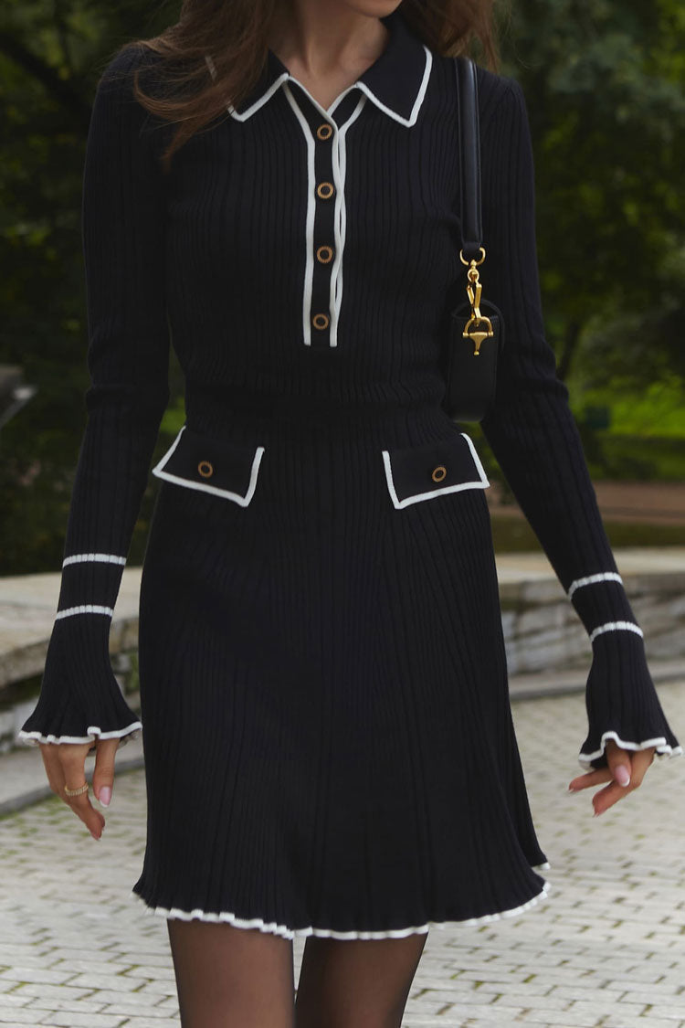 Chic Preppy Contrast Collar Button Up Long Sleeve Ribbed Knit Sweater Mini Dress - Black