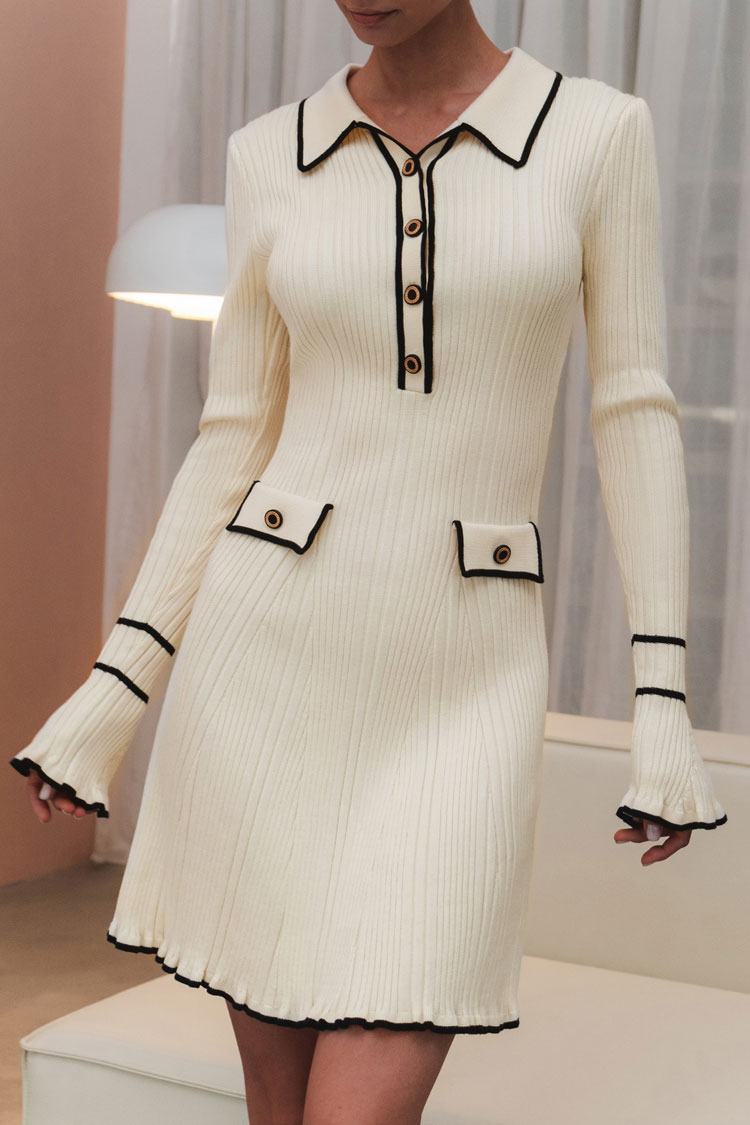 Chic Preppy Contrast Collar Button Up Long Sleeve Ribbed Knit Sweater Mini Dress - Beige