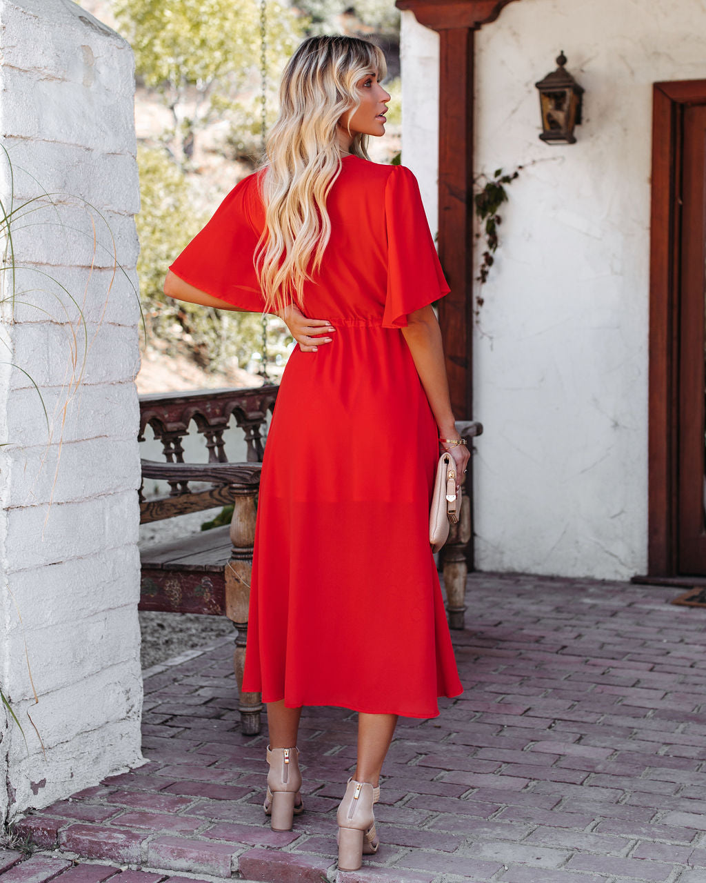 Embroidered Presidio Tassel Midi Dress Tomato Red