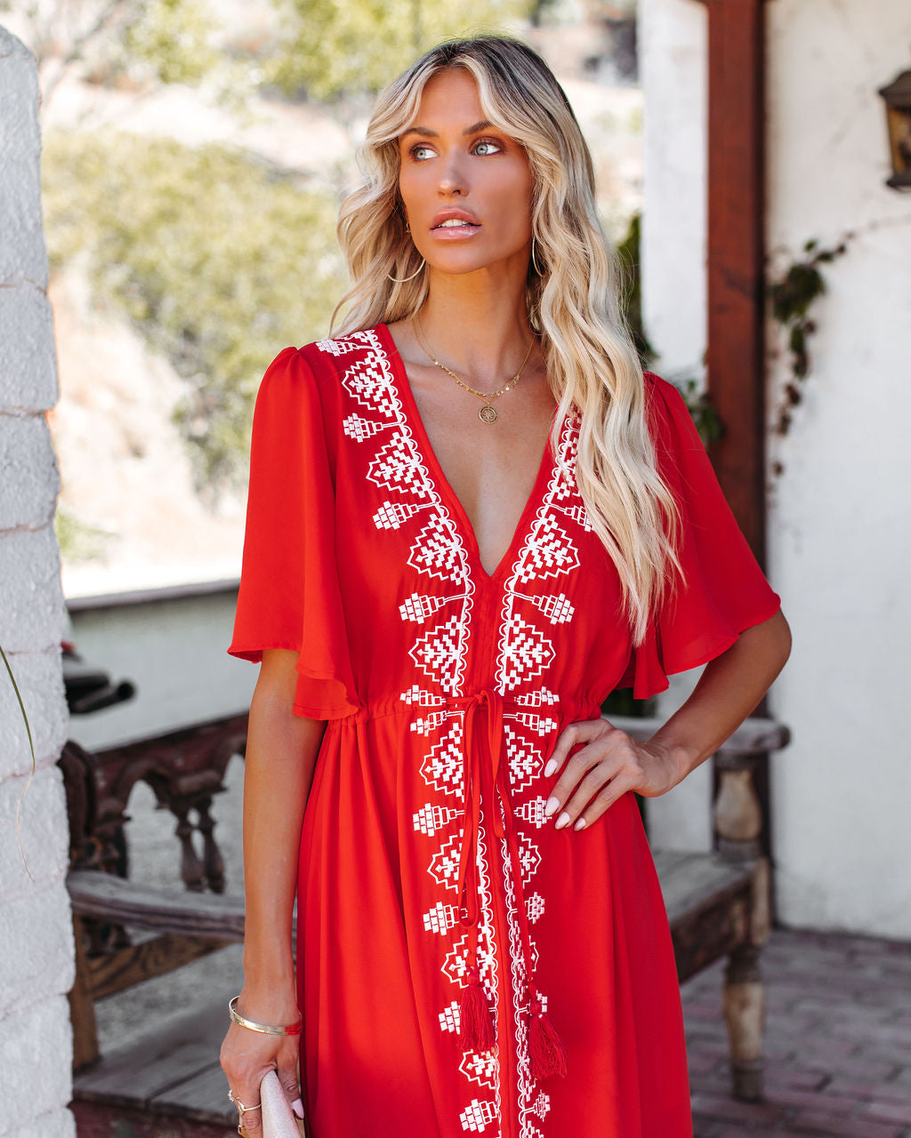 Embroidered Presidio Tassel Midi Dress Tomato Red
