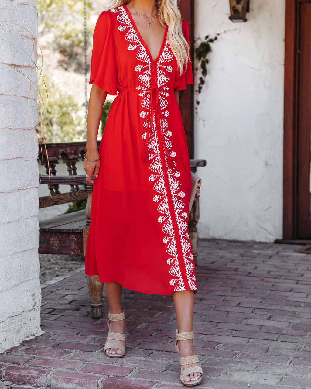 Embroidered Presidio Tassel Midi Dress Tomato Red
