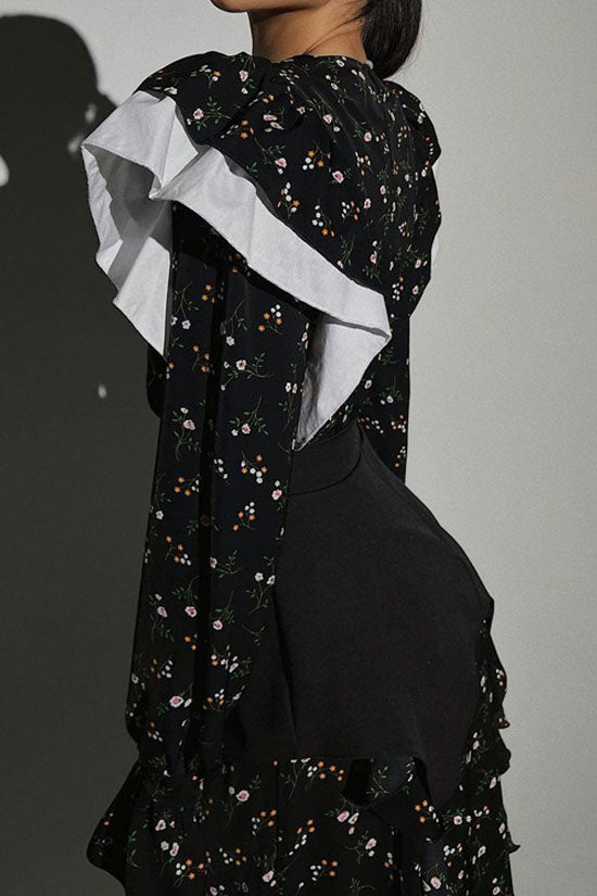 Pretty Crew Neck Ruffle Long Sleeve Belted Bloom Printed Midi Dress - Black