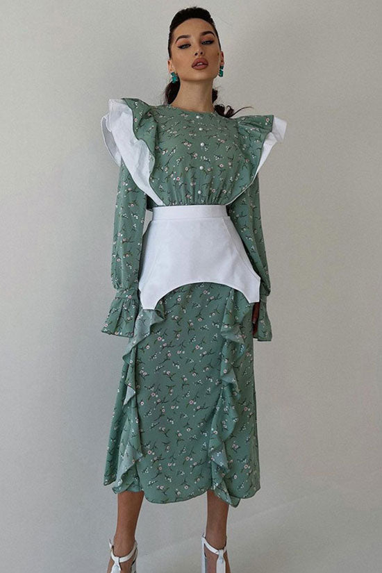 Pretty Crew Neck Ruffle Long Sleeve Belted Bloom Printed Midi Dress - Green