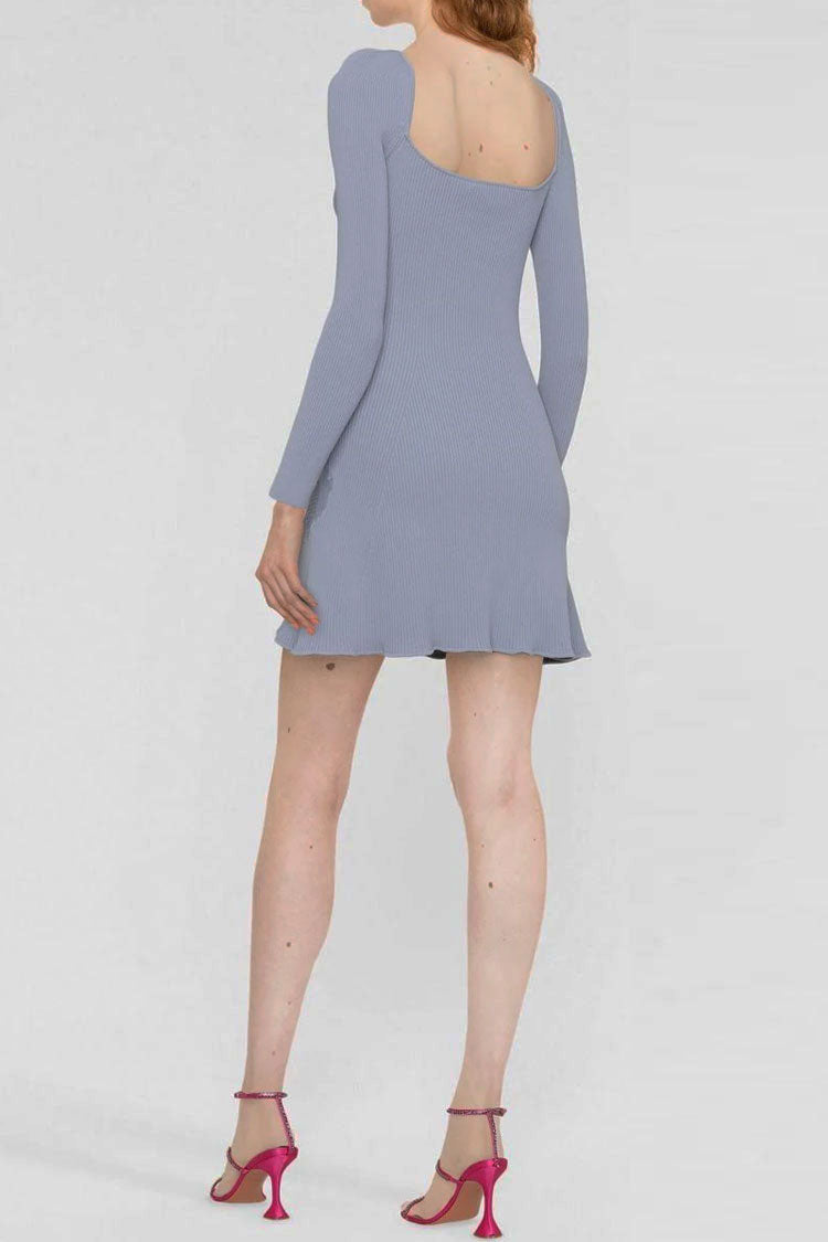 Sweetheart Pretty Long Sleeve Lace Trim Cashmere Sweater Mini Dress - Blue