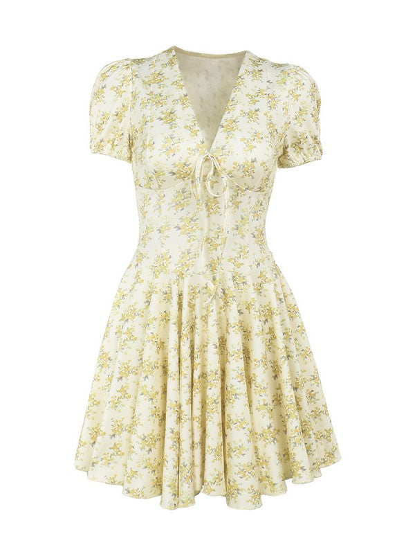 Yellow French Botanical Deep V Bubble Short Sleeve Mini Dress