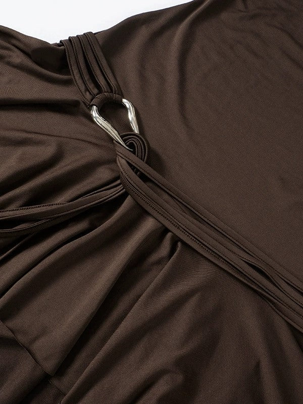 Strapless Brown Ruffle Mini Dress with Strappy Design