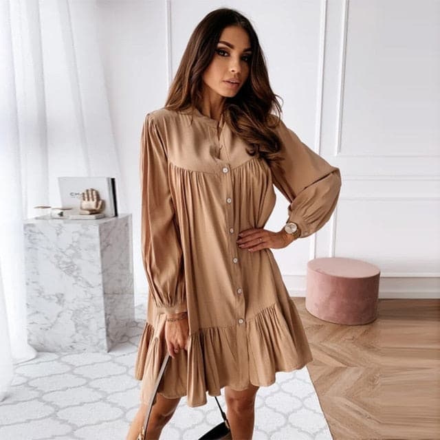 Women Vintage Ruffled Front Button Aline Dress Long Sleeve Stand Collar Solid Sophisticated Casual Mini Dress Autumn New Dress
