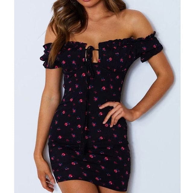 Flower Wrap Off Shoulder Tie Up Front Ruffle Slash Neck Dress