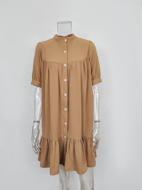 Women Vintage Ruffled Front Button Aline Dress Long Sleeve Stand Collar Solid Sophisticated Casual Mini Dress Autumn New Dress