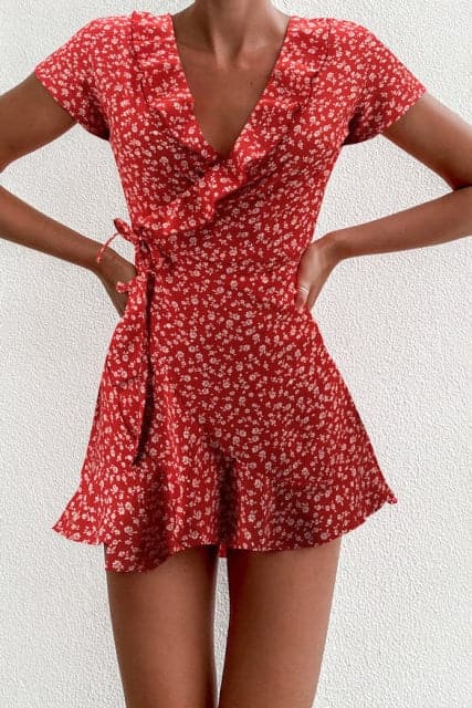 Summer Women���s Floal ALine Dress Sweet Sophisticated Floral Ruffles Vneck Bandage Short Dress for Lady Chic Flowers Mini Dress