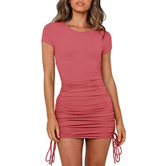 Summer Party Basic Dresses Ladies Short sleeve Womens Solid Bodycon Stretch Mini Dress O Neck Relaxed Slim Pencil Short