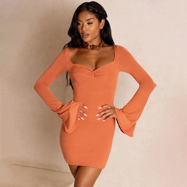 Sleeve Flare Bodycon V Neck Bandage Dress