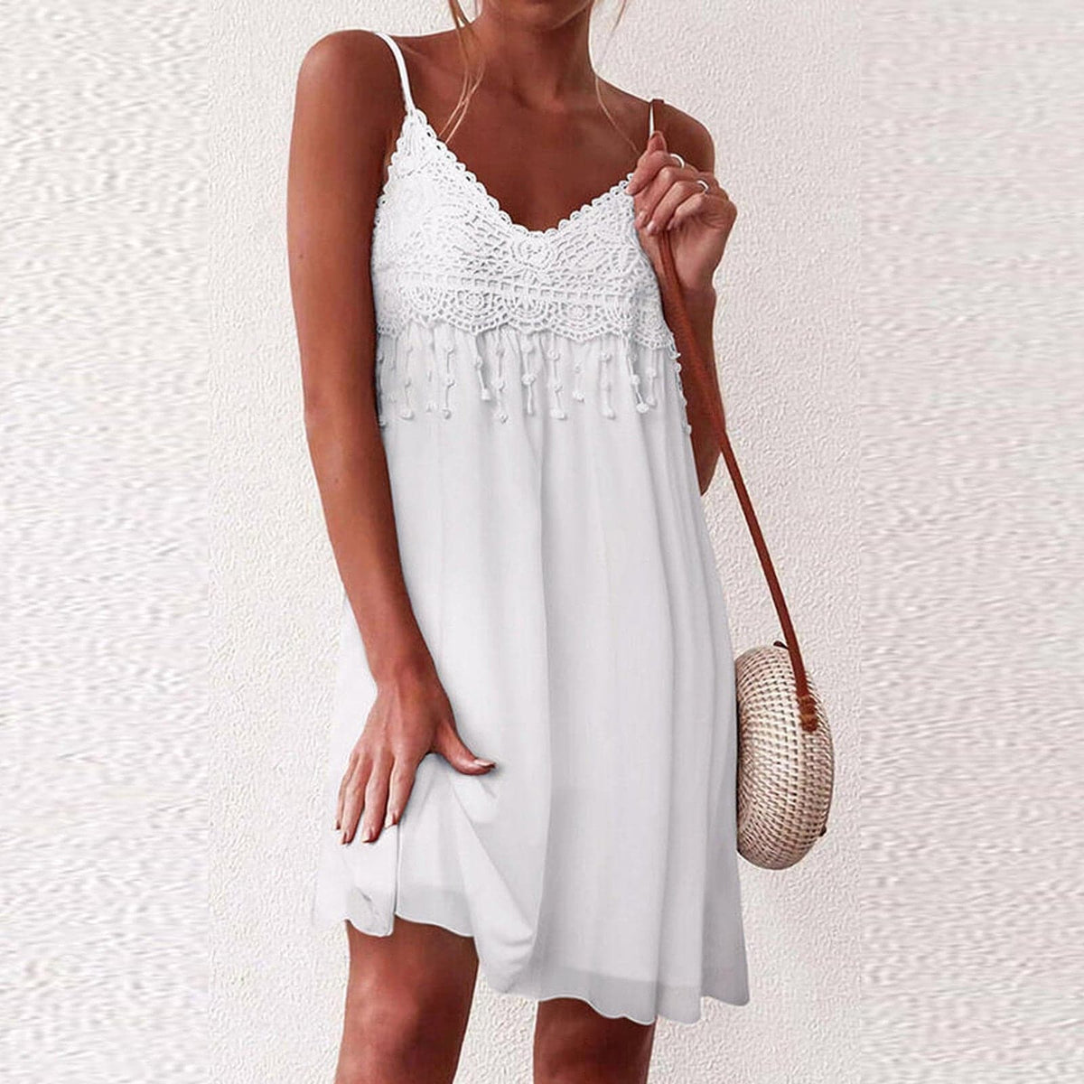 VNeck Strap Open White Lace Sleeveless Loose Refined Mini Dress