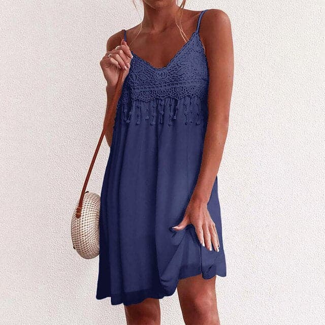 VNeck Strap Open White Lace Sleeveless Loose Refined Mini Dress