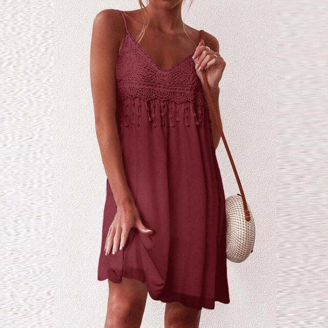 VNeck Strap Open White Lace Sleeveless Loose Refined Mini Dress