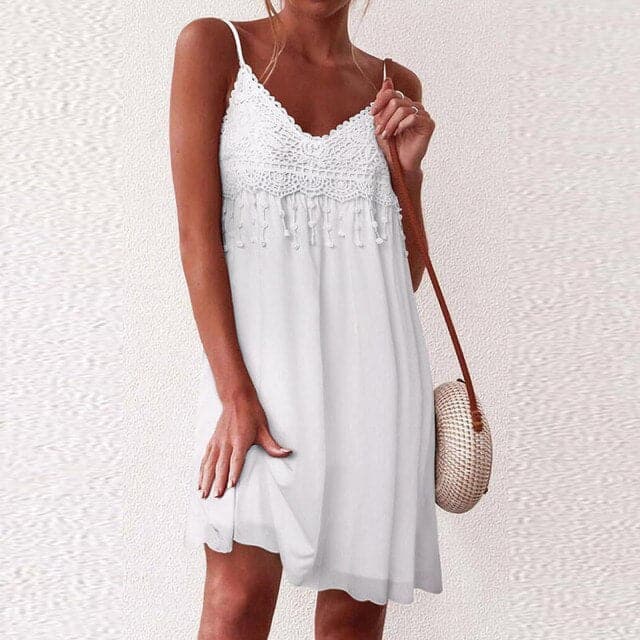 VNeck Strap Open White Lace Sleeveless Loose Refined Mini Dress