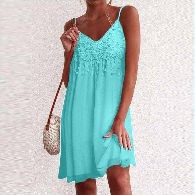 VNeck Strap Open White Lace Sleeveless Loose Refined Mini Dress