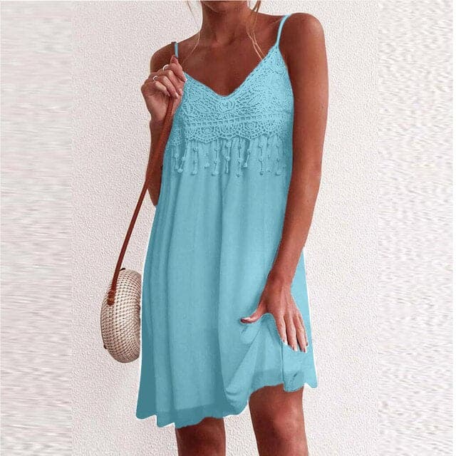 VNeck Strap Open White Lace Sleeveless Loose Refined Mini Dress