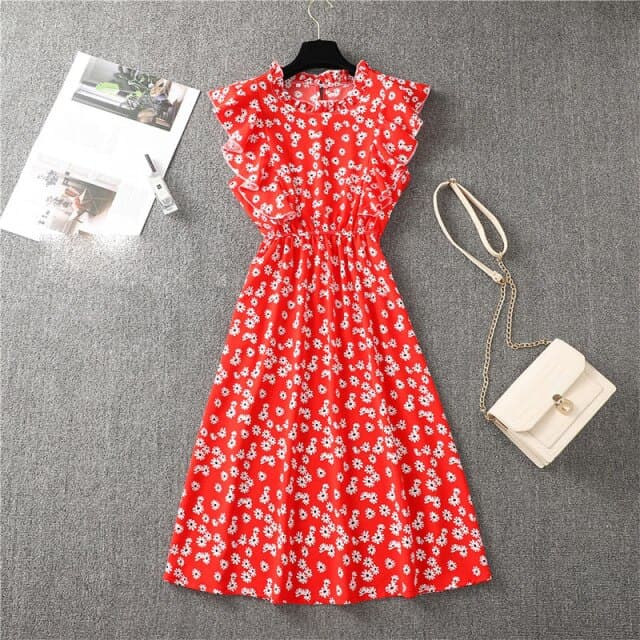 Graceful Heart Dot Sleeve Ruffles Medium Dress