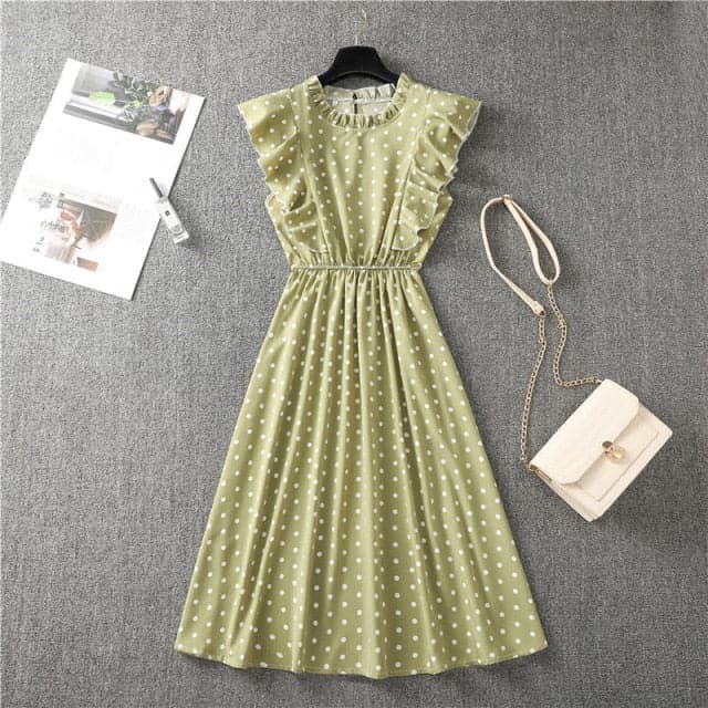 Graceful Heart Dot Sleeve Ruffles Medium Dress