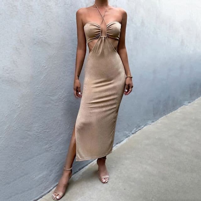 Women Halter Cut Out Backless Corset Midi Dress High Waist Split Slim Dresses Autumn Party Club Kawaii Refined Robe